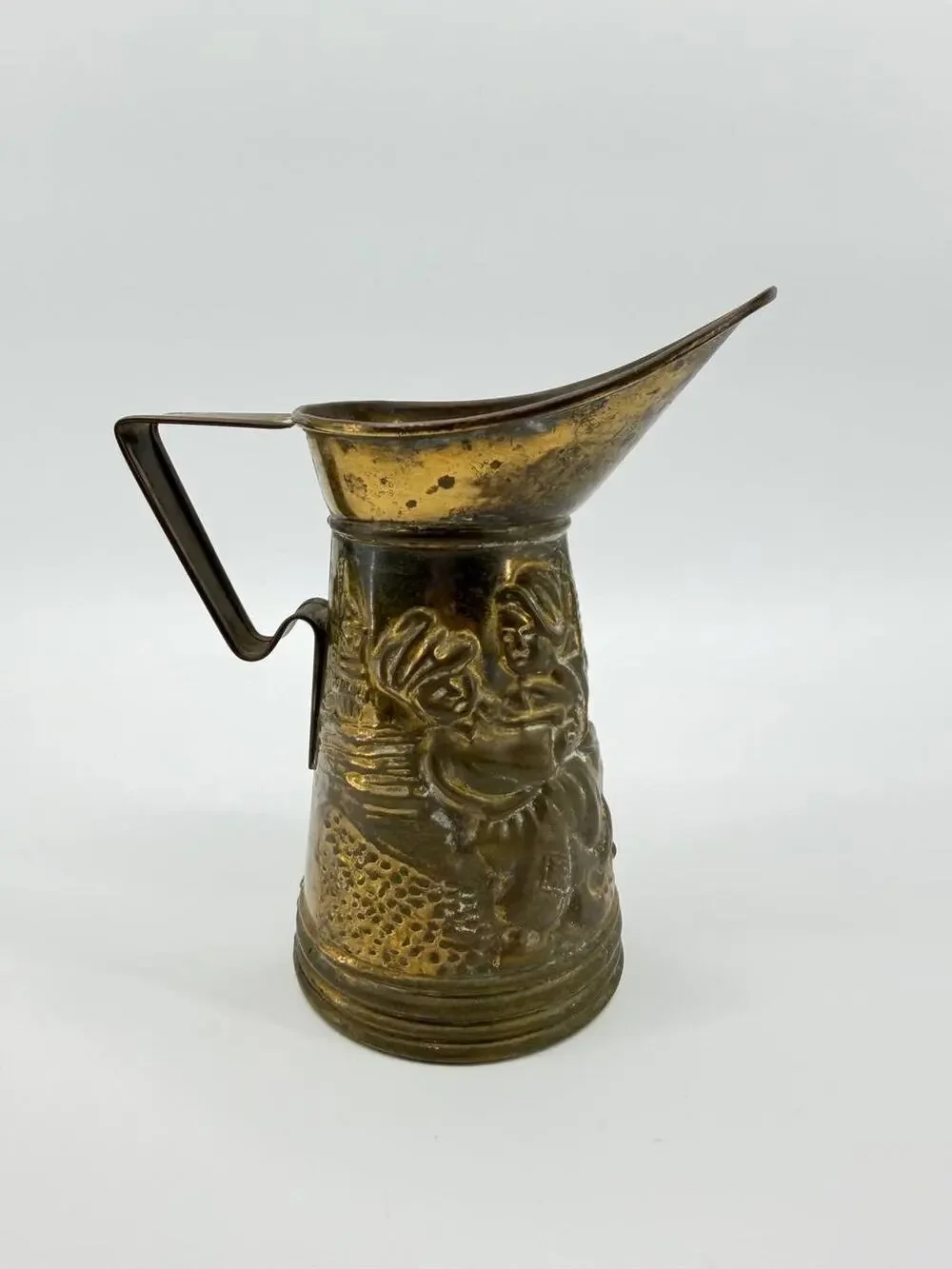 Vintage England Brass Pitcher Jug Embossed Dutch Couple Decorative Vase